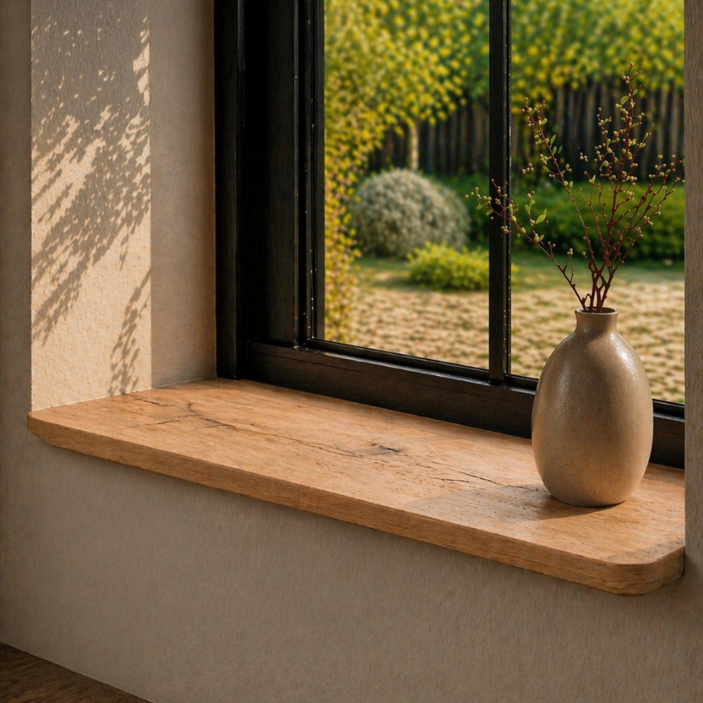 Japandi Vensterbank Oud-Eiken 25mm Schuine Facetrand en Ronde Hoeken 2