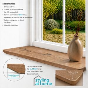 Japandi Vensterbank Oud-Eiken 25mm Schuine Facetrand en Ronde Hoeken (5)