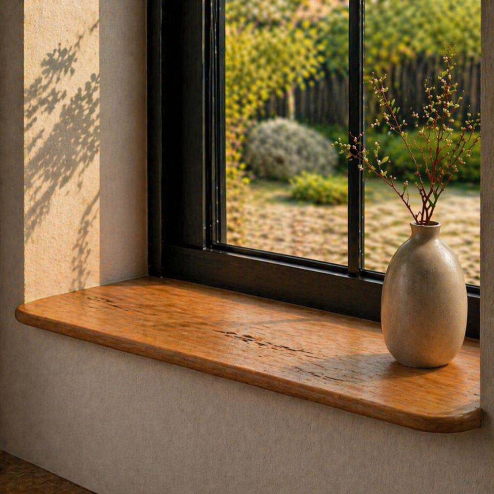 Japandi Vensterbank Oud-Eiken 25mm – Ronde Hoeken