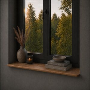 Japandi Vensterbank Oud-Eiken 25mm – Schuine Facetrand & Ronde Hoeken