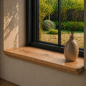 Japandi Vensterbank Oud-Eiken 45mm – Schuine Facetrand & Ronde Hoeken