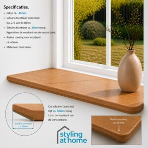 Japandi Vensterbank Oud-Eiken 45mm Schuine Facetrand en Ronde Hoeken