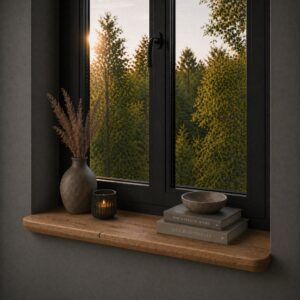 Japandi Vensterbank Oud-Eiken 45mm – Schuine Facetrand & Ronde Hoeken